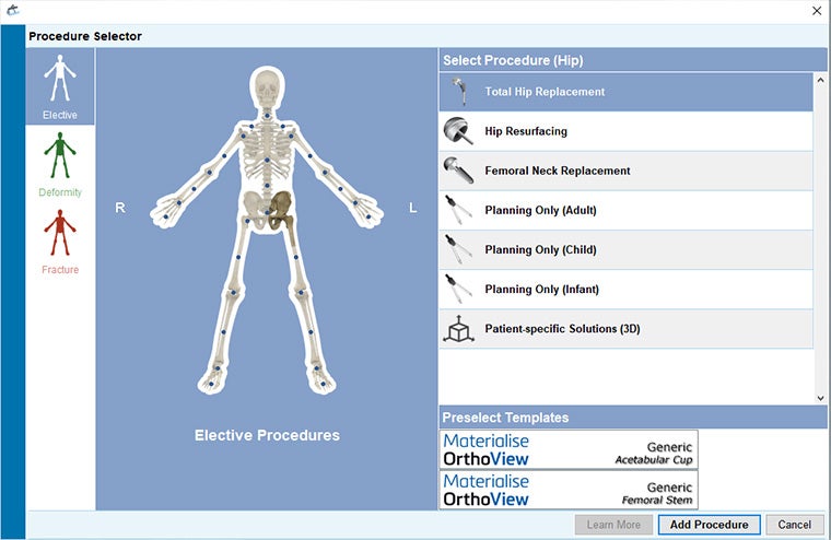 A screenshot of OrthoView's procedure selection screen