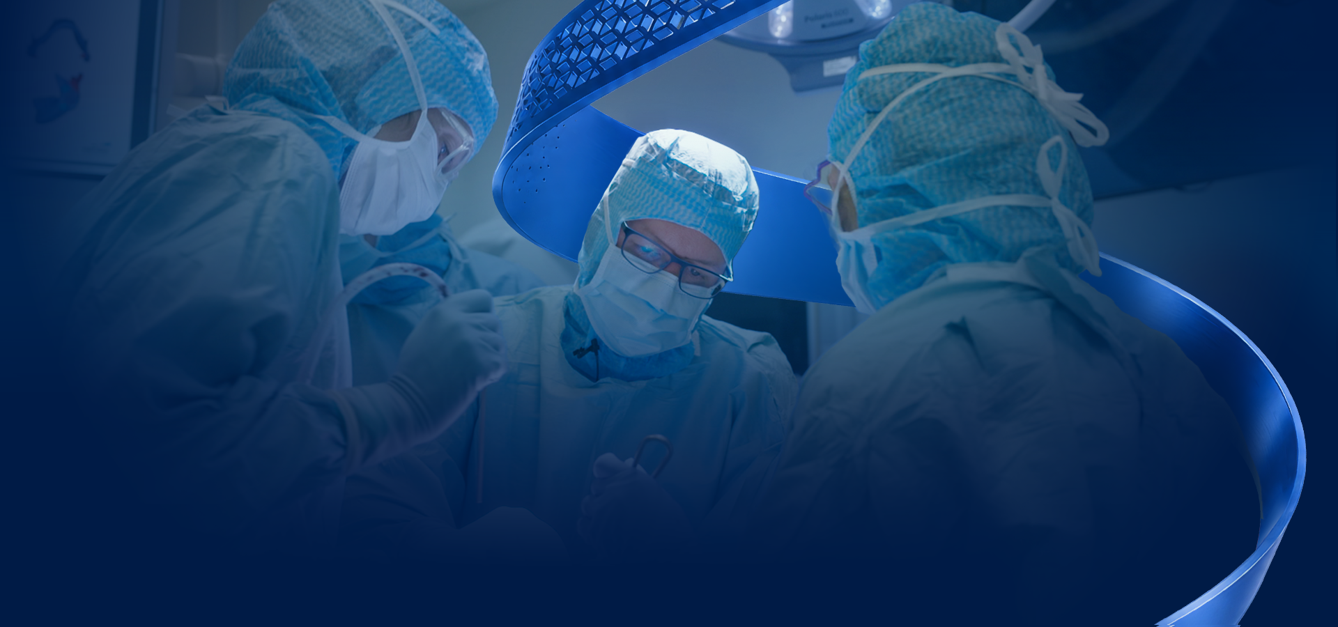 A group of surgeons in a operating room with the Materialise CMF signature blue swirl in the background.