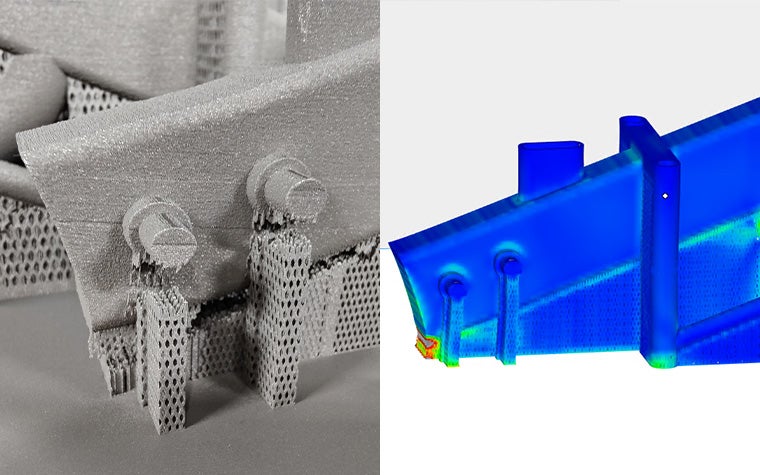 On the left is an image of the printed part with parts where the support was torn off. The right shows a simulation detecting this issue