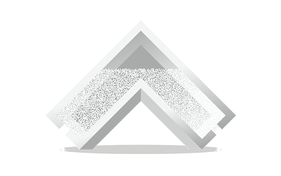 A three-dimensional angular shape resembling an upward-pointing arrow, partially embedded within a larger transparent version of the same shape, with its inner surfaces covered in a speckled texture indicating trapped powder.