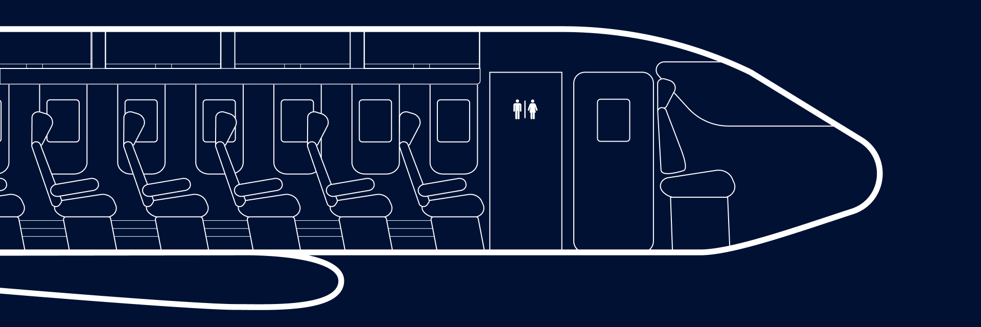 The white outline of a plane's cockpit and cabin, including seats and a bathroom door, against a dark blue background.