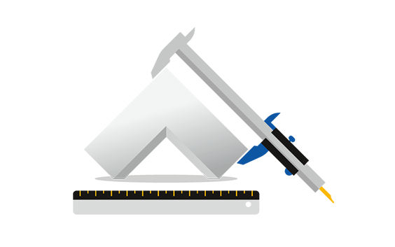 A three-dimensional angular shape resembling an upward-pointing arrow being measured with digital calipers, with a ruler placed horizontally below it.