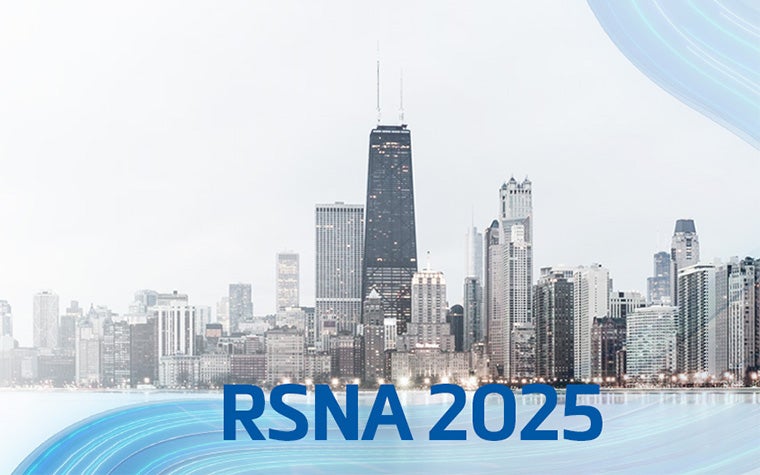 The Chicago skyline and the words RSNA 2025 with the signature Mimics blue swirl