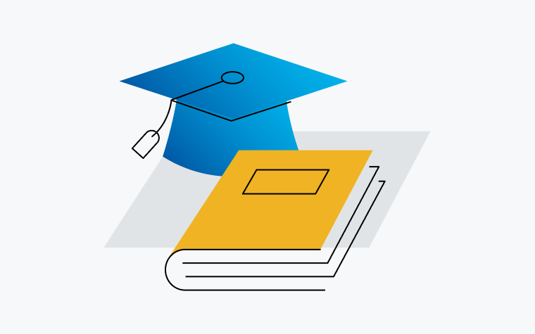 A blue graduation cap and a yellow book.