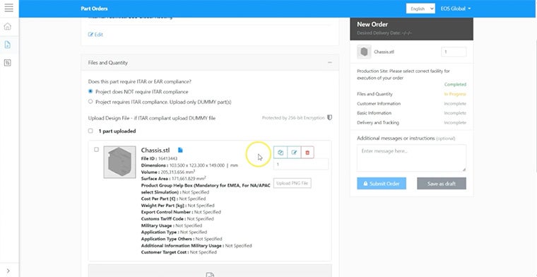Ein Bild des Produktionsmanagementsystems CO-AM. Der Bildschirm zeigt die Bauteilbestellungen von EOS Global. Eine Chassis‑STL‑Datei wird gerade in das System hochgeladen.
