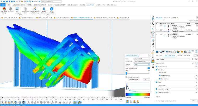 An image of a 3D build in the ansys simulation software. The build shows areas with different tolerance levels. The  shows blue and green areas that are within tolerance and one area at the front which is red. The red area indicates a place where supports could be added due to deformation.