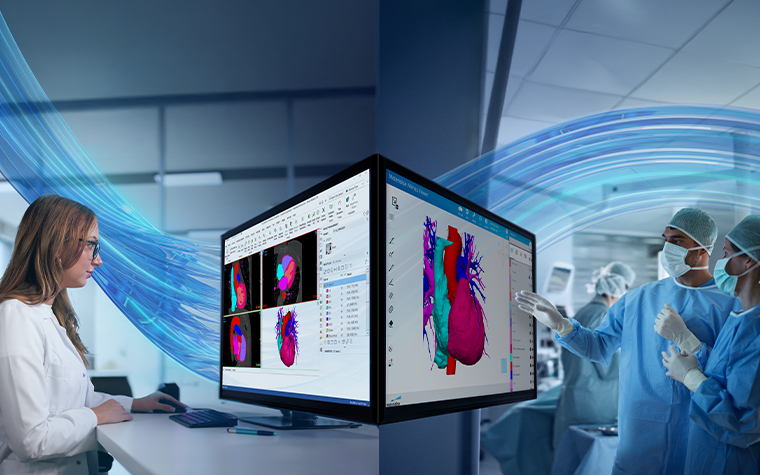 A double-sided perspective, one with a healthcare professional reviewing a patient's anatomy segmented into a digital 3D model in Materialise Mimics at her desk, the other with surgeons in an operating room, reviewing the patient's anatomy on a screen with Mimics Viewer. The signature Mimics blue swirl is across the entire background