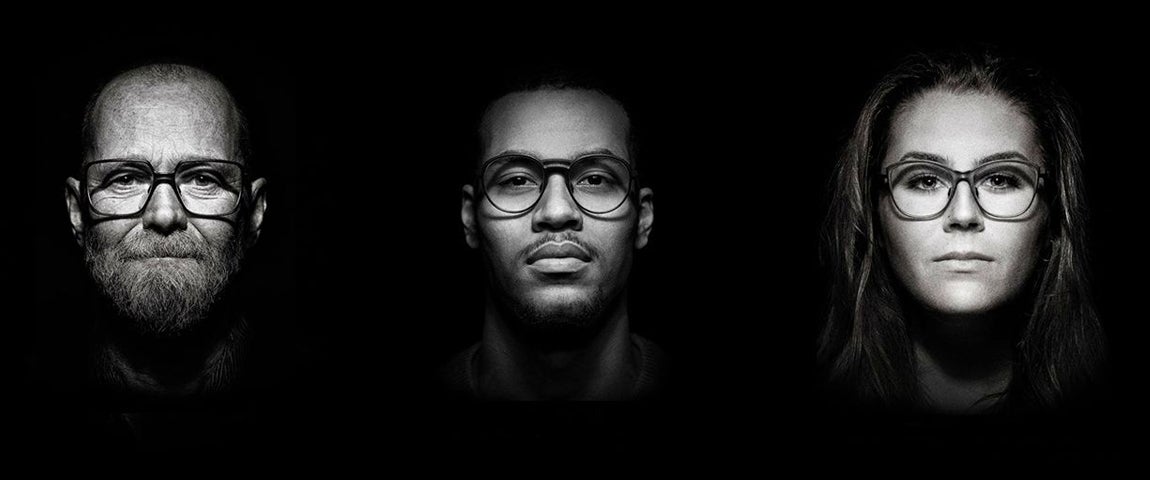 Three models in black and white wearing eyeglasses from fmhofmann’s Cosmos collection 