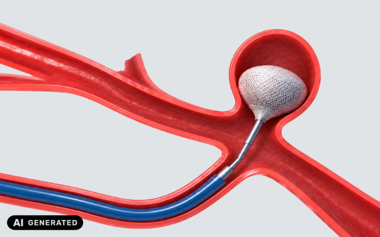 Illustration of an intrasaccular device being placed inside a brain aneurysm through a catheter to reduce blood flow into the aneurysm sac. The mesh implant fills the aneurysm while remaining contained within the vessel bulge.