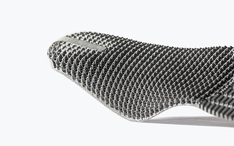 Close-up view of the end of a shoe insole 3D printed using Multi Jet Fusion and the PA 12 material