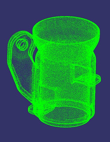 A 3D scan of the original muffler coupler, built from hundreds of bright green dots on a blue background.
