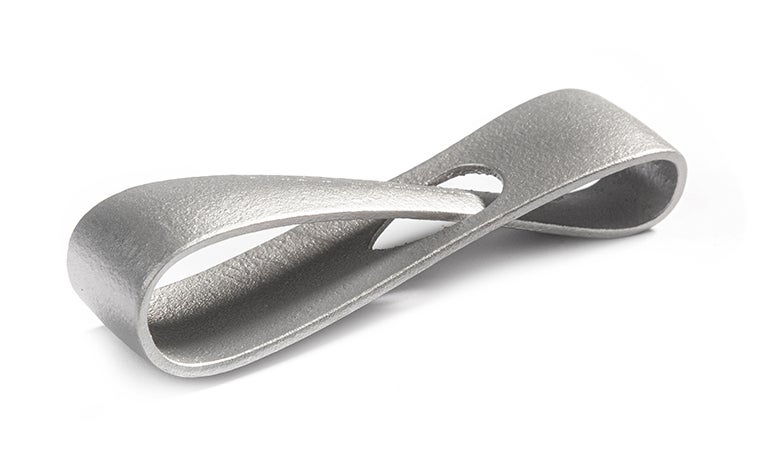 A metal 3D-printed infinity loop made from aluminum using selective laser melting. The loop has a satin finish, achieved through glass bead blasting.