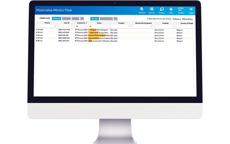 A computer screen displaying a user's case list within Mimics Flow