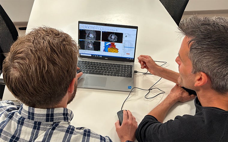 View over the shoulder of two Hannover Medical School heart team members as they plan for a congenital heart disease case with Materialise Mimics