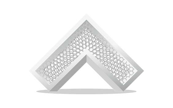 A three-dimensional angular shape resembling an upward-pointing arrow, with its inner surfaces filled with a honeycomb lattice pattern.