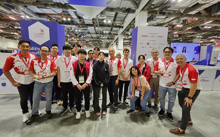 A group photo of the Nanyang Polytechnic team at the World Skills competition on Additive Manufacturing in April 2025