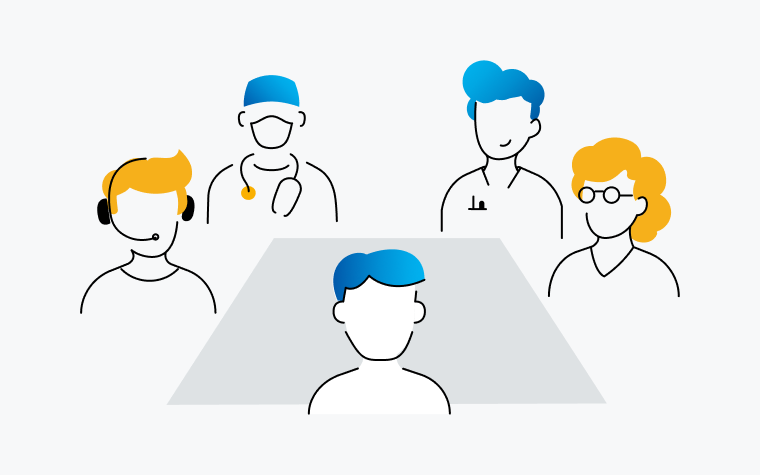 Icon of a group of 5 people, one wearing a stethoscope and surgical gear, another wearing a headset with an attached microphone, around a table
