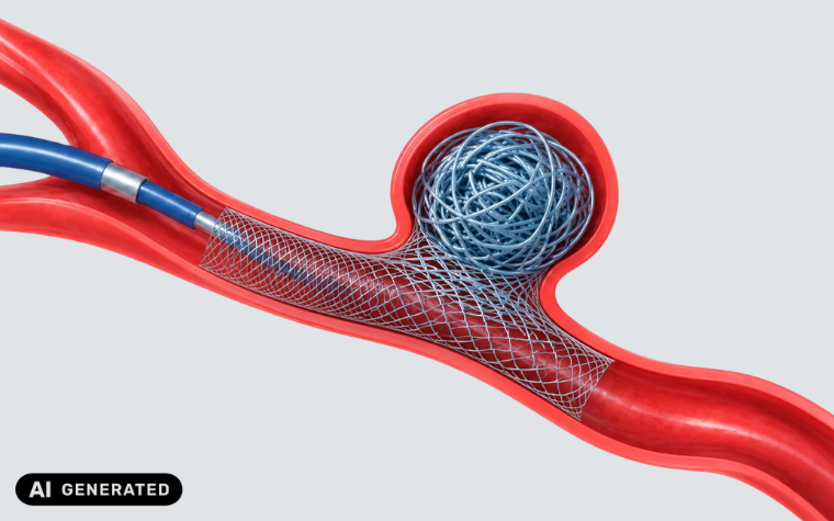 Illustration of stent-assisted coiling in a brain aneurysm, with a mesh stent supporting the artery wall while coils are packed inside the aneurysm sac to block blood flow.