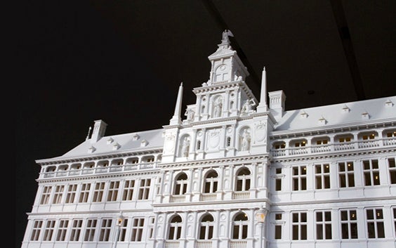 3D-printed model of Antwerp's city hall against a black background