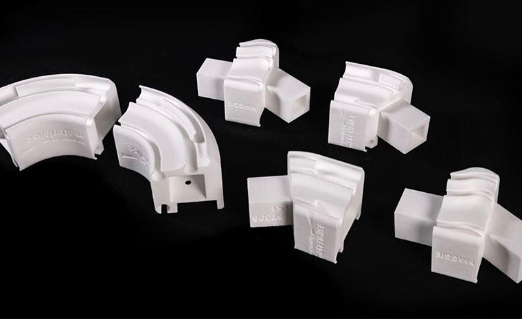 Various 3D-printed connction part for the Maggie Shelter, made with recycled powder