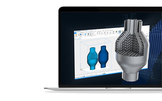 Screenshot of Magics 29 with a render of the 3D-printed part in front of the screen shown on a laptop screen