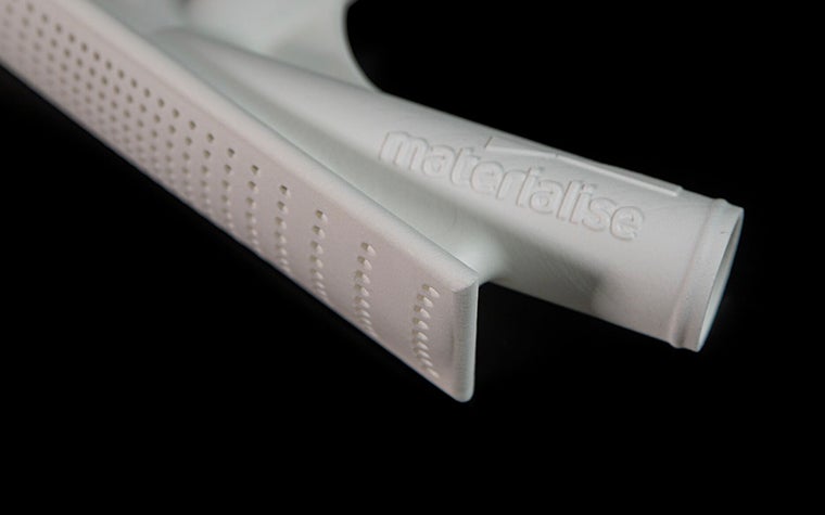 Close-up of a white part 3D printed using Bluesint PA12