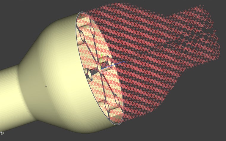 절반은 솔리드 모양이고 나머지 절반은 투명한 레티스 디자인인 3D 모델