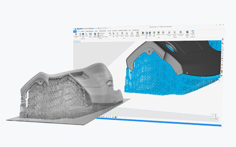 e-Stageのサポート構造を取り付けたビルドプレート上の3Dプリント樹脂パーツと、e-Stageソフトウェアのスクリーンショット。