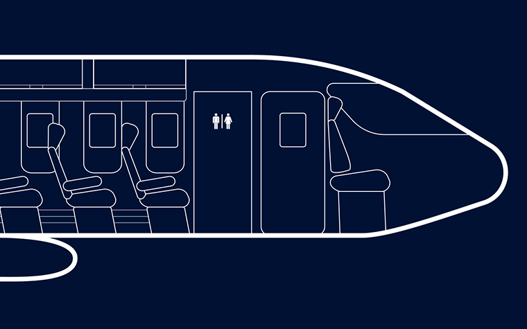 The white outline of a plane's cockpit and cabin, including seats and a bathroom door, against a dark blue background.