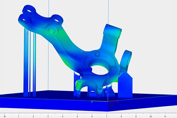 Digital visual of a part and its support structure with simulation applied. Most of the part is in blue, indicating low risk