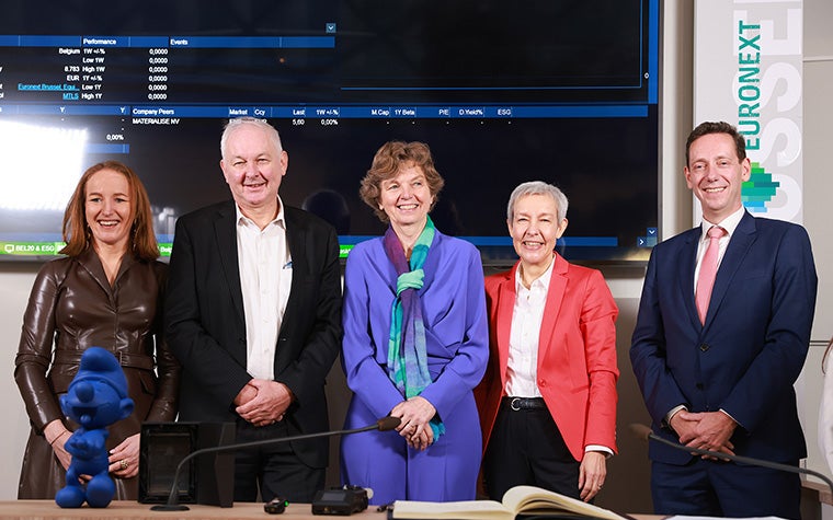 Members of Materialise's executive committee, Director of Corporate Affairs Carla Van Steengergen, Founders Fried and Hilde Vancraen, CEO Brigitte de Vet, and CFO Koen Berges at Euronext Brussels