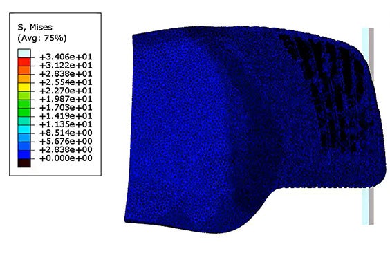 A computer-generated image showing finite element modeling of a 3D-printed phits orthotic.