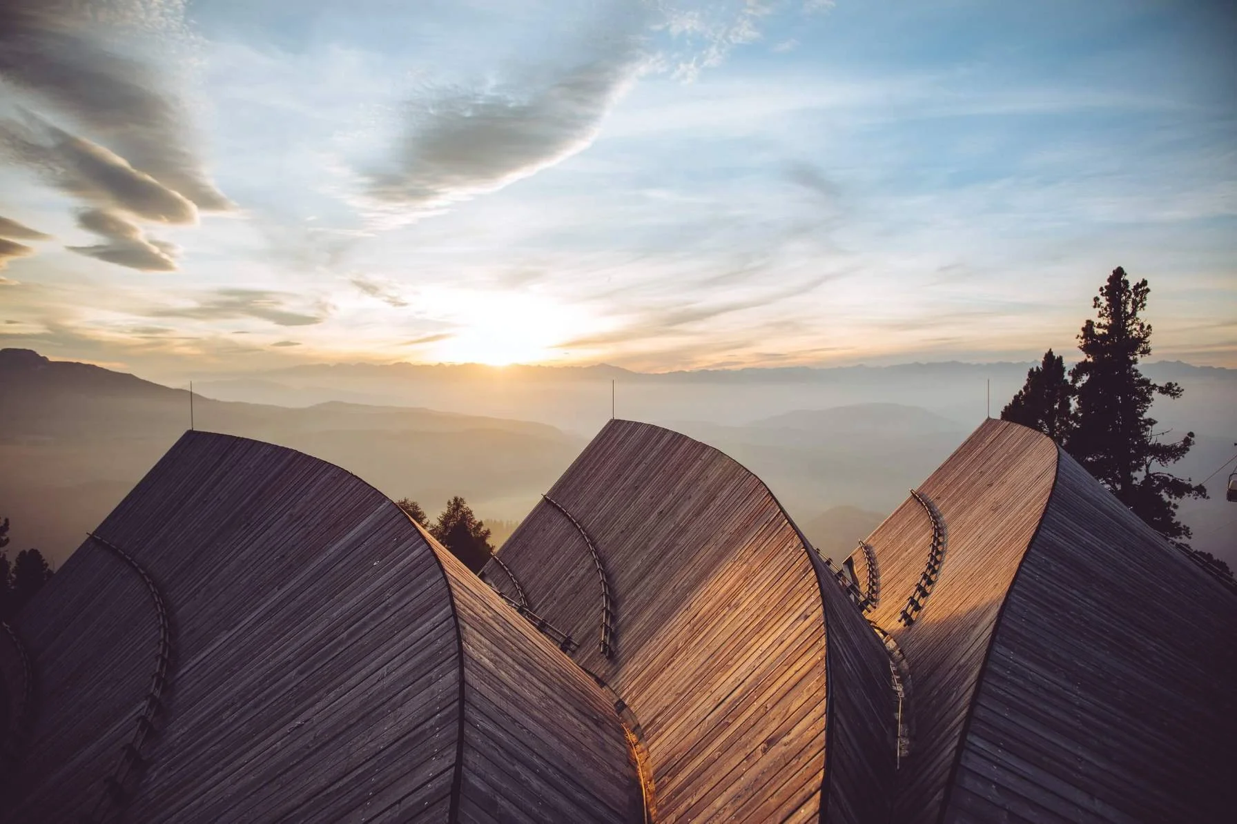 An innovative wooden roof structure in the morning light