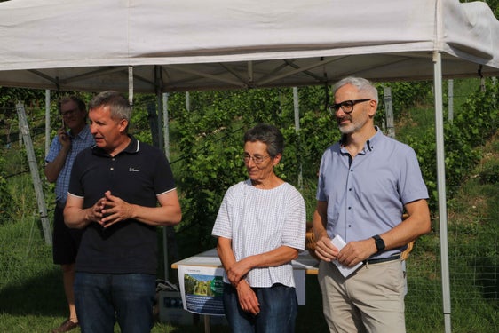 Abb. 1: von l. nach r.: Landesrat für Landwirtschaft Luis Walcher, die ehemalige Leiterin des Fachbereichs Weinbau am Versuchszentrum Laimburg Barbara Raifer und der Direktor des Versuchszentrums Laimburg Michael Oberhuber bei der Versuchsvorstellung: © Laimburg Research Centre/Debora Lamcja