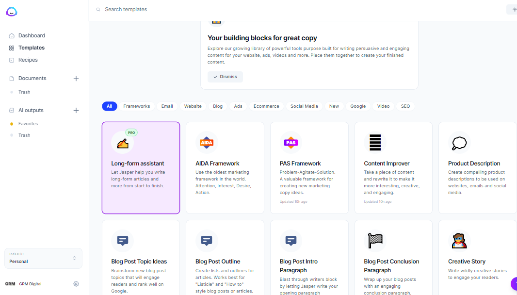 Image showing part of the dashboard in the Jasper AI content writing tool