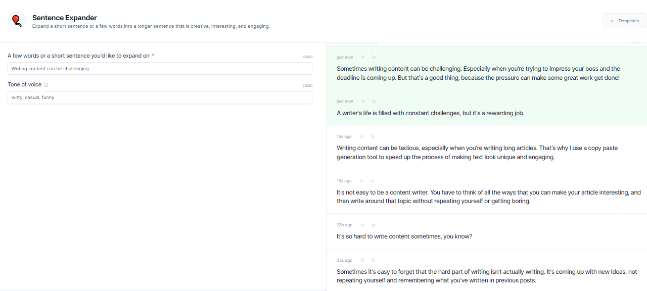 Image showing examples of how Jasper AI content tool expands a sentence you insert