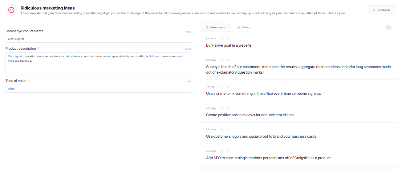 Image showing an example of ridiculous marketing ideas generated by Jasper AI content generator for entertainment purposes