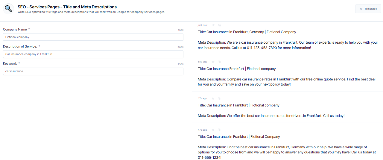 Image showing Jasper AI content generator tool generating meta descriptions and titles for a blog post