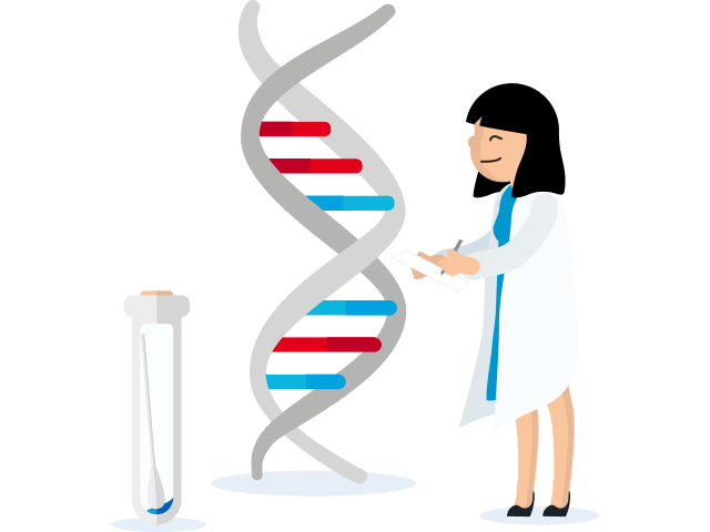 Graphic of female scientist with representation of DNA and a test tube