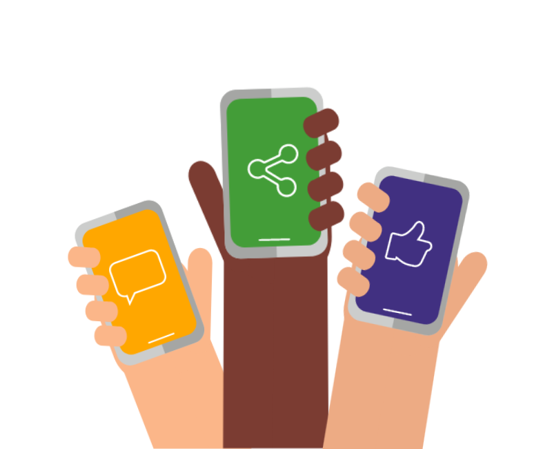 A graphic showing 3 hands, each holding a phone with a different social sharing icon displayed.