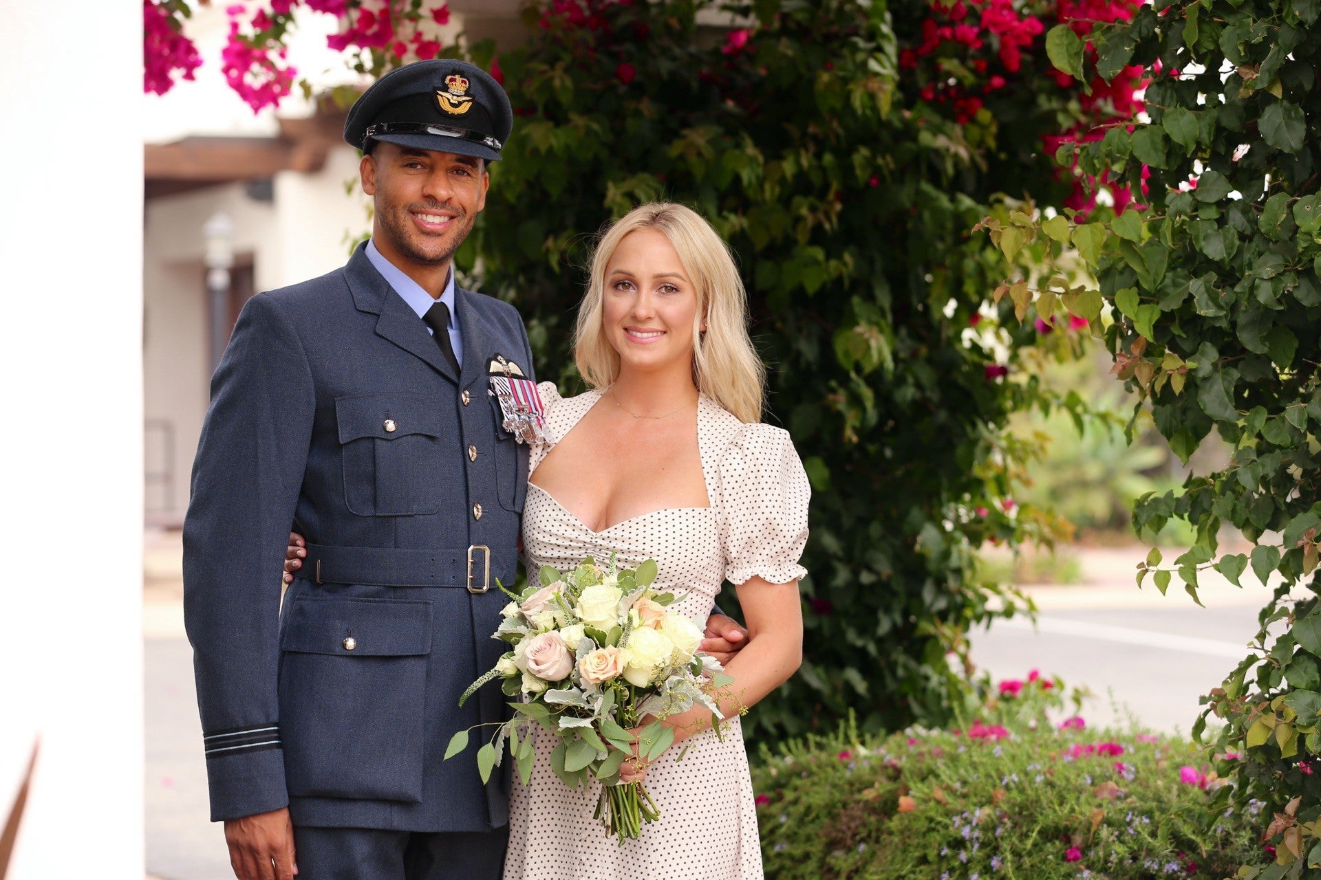 Chris Gordon, former RAF, smiling with wife Morgan on their wedding day