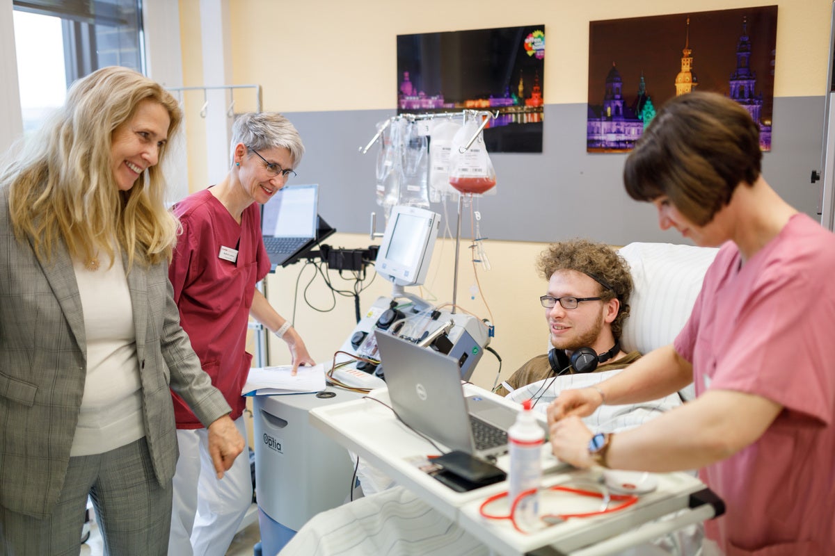 DKMS Chief Executive Officer Dr Elke Neujahr with donor and nursing staff