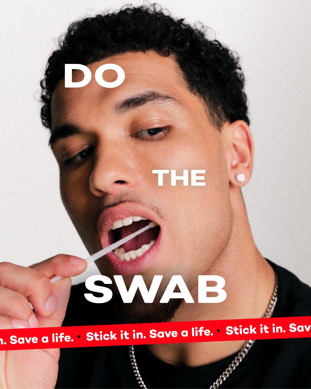 Model Kieron featuring on a poster for the DKMS "Do The Swab" campaign