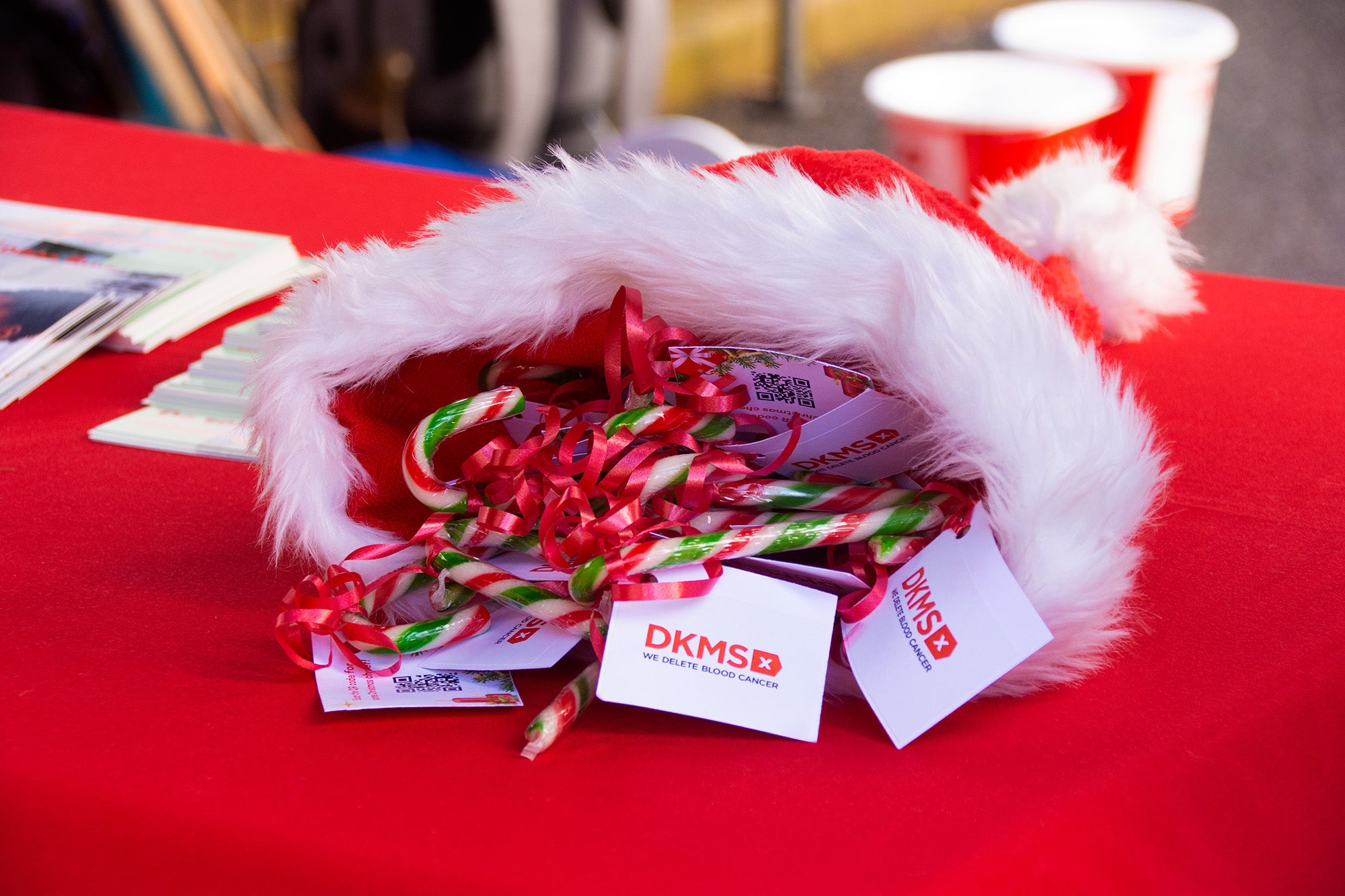 Candy canes twith DKMS gift tags held inside a red Santa hat