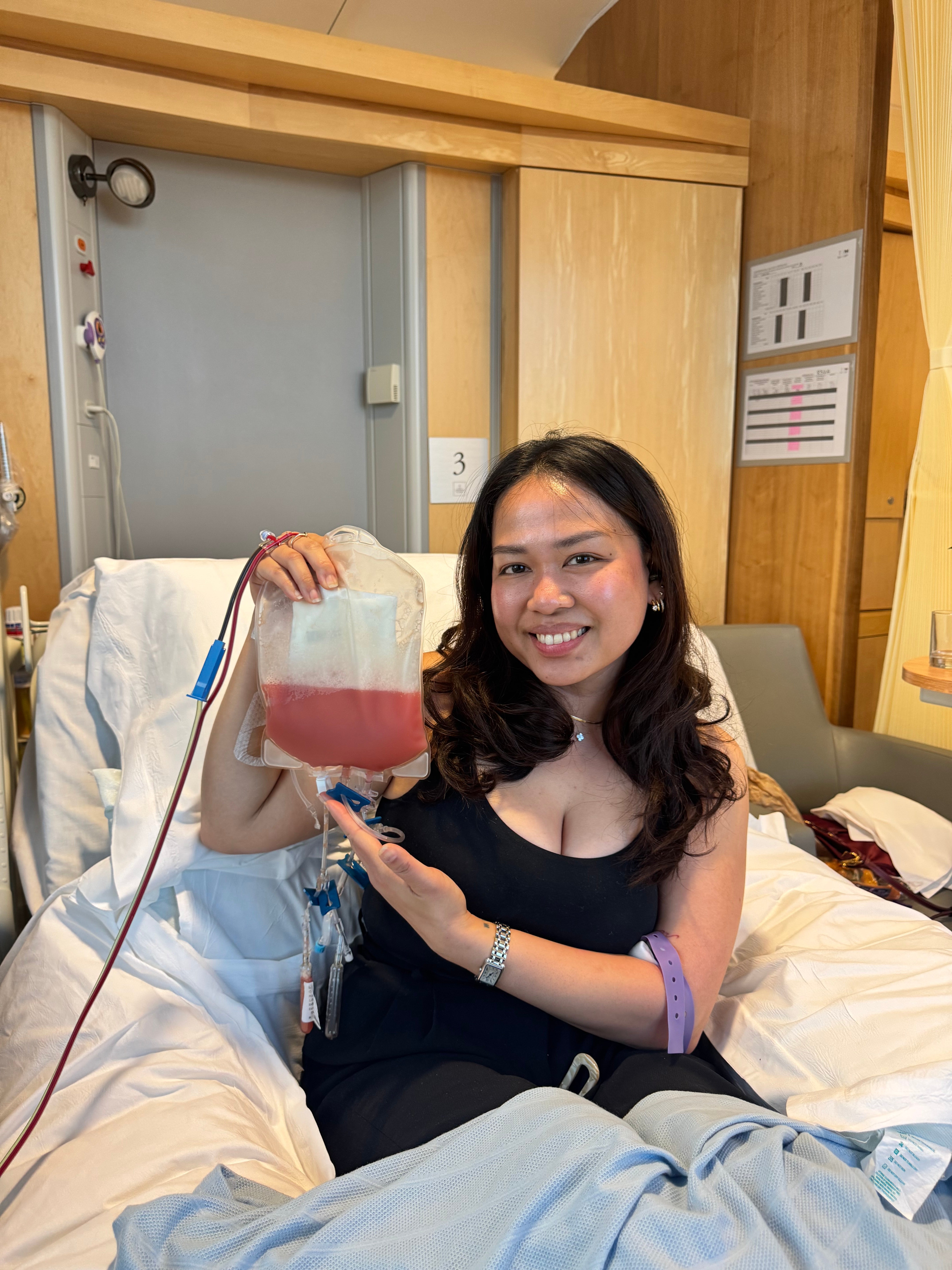 Oncology nurse Jansen from Bath's RUH, pictured with her stem cells post donation at a London clinic