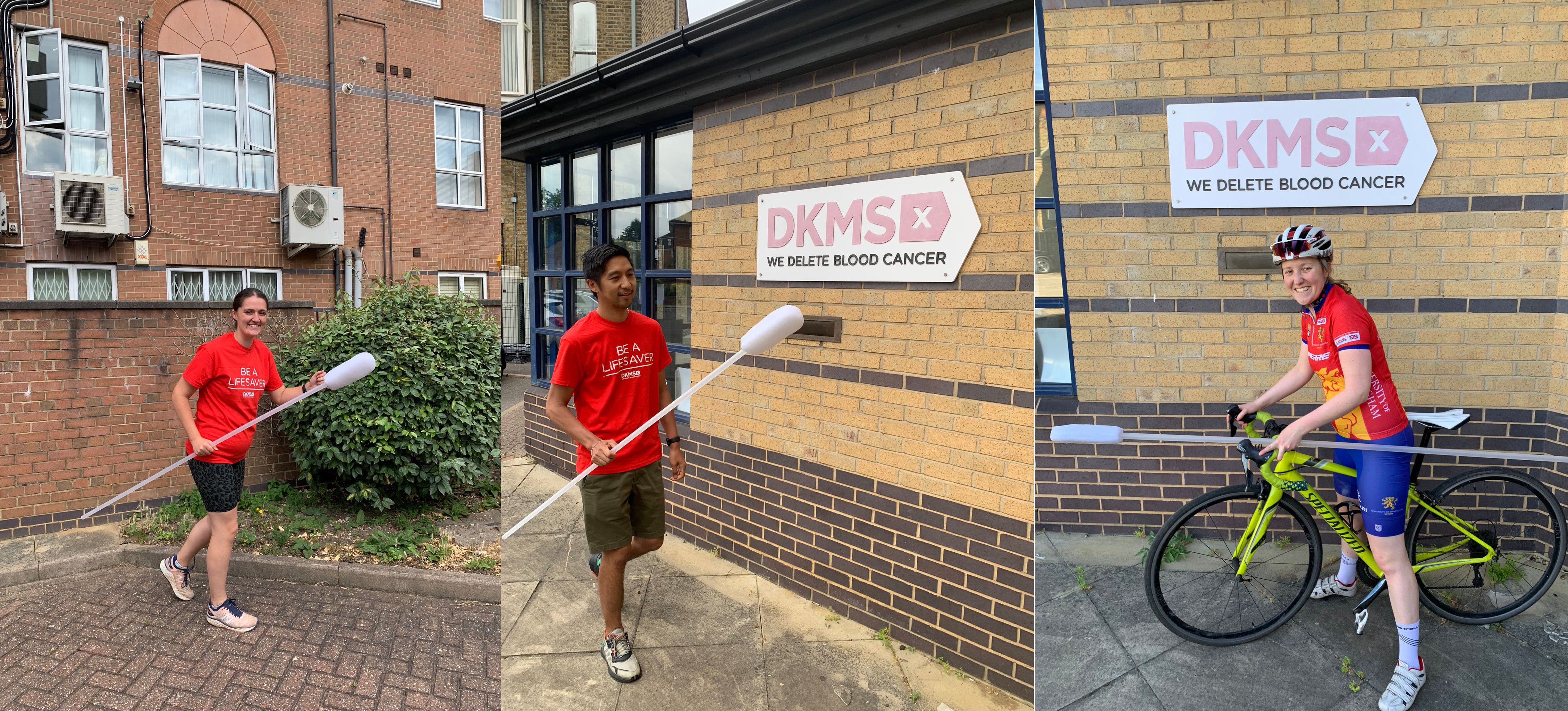 Three DKMS staff setting off on the Swabtember challenge carrying a giant swab