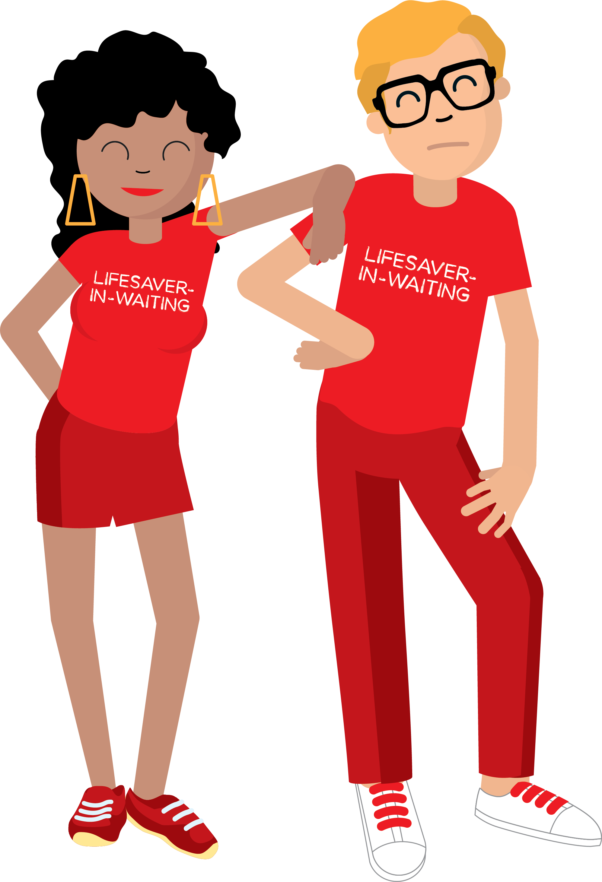 Graphic showing a man and a woman all dressed in red. T-shirts reading "Lifesaver-in-waiting". 