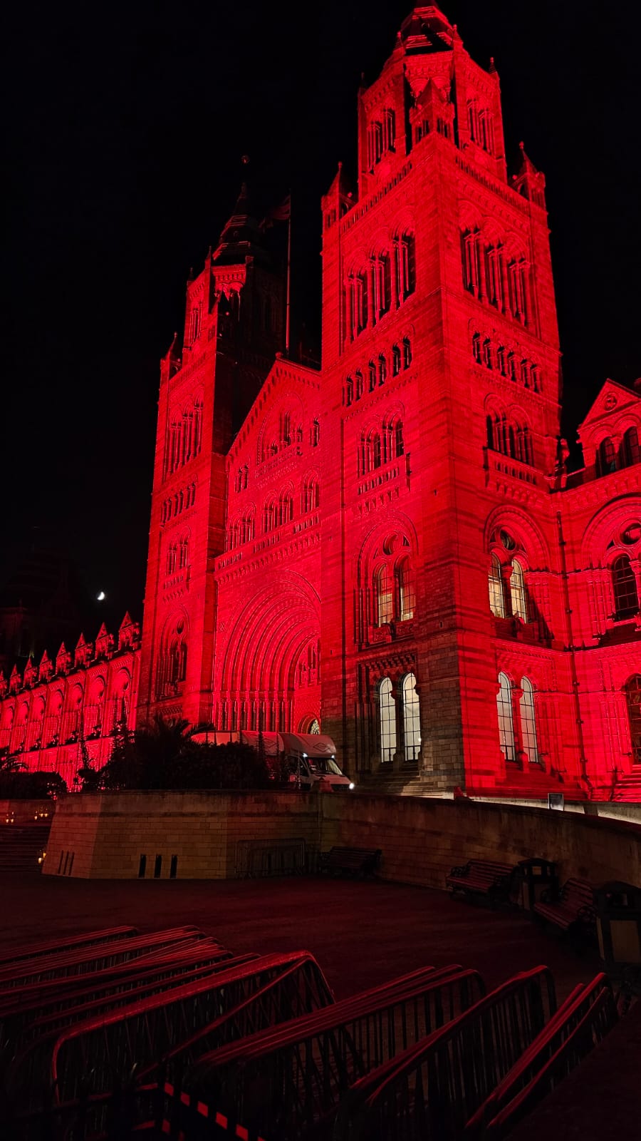 Natural History Museum, London lit red marking World Blood Cancer Day and the DKMS Gala 2023