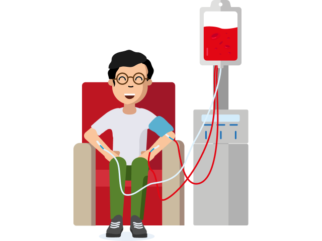 A graphic showing someone donating blood stem cells via PBSC