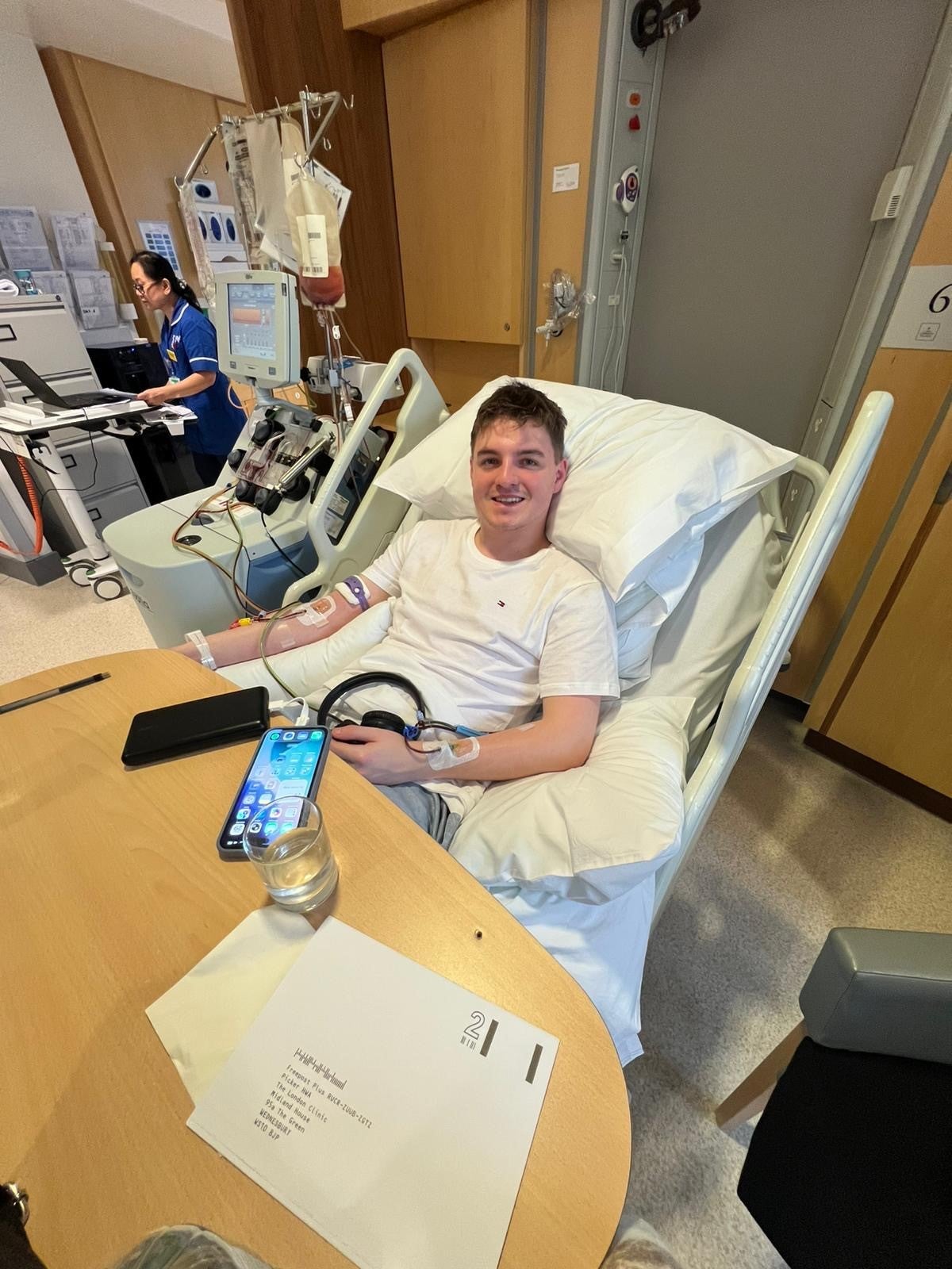 Donor Shea in hospital donating stem cells via PBSC